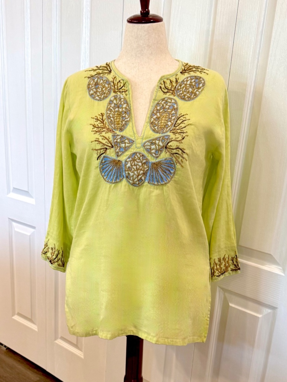 Embroidered V-Neck Tunic in Lime Green